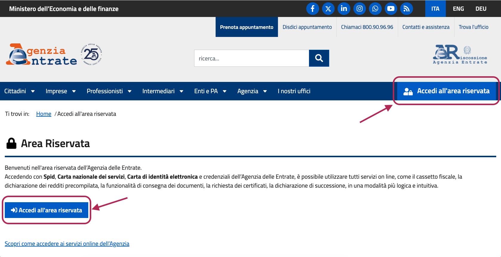 Schermata di accesso al cassetto fiscale dell'Agenzia delle Entrate