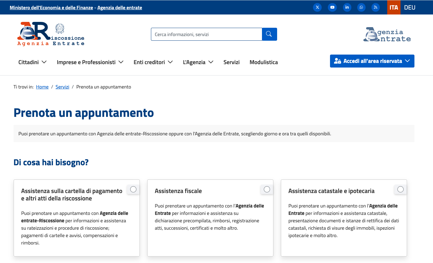 Prenotazione appuntamento Agenzia Entrate Riscossione online