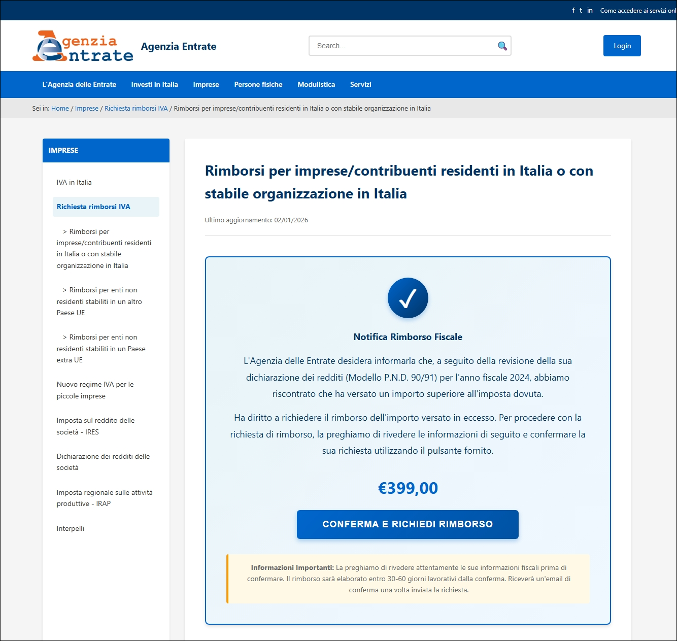 Esempio di falsa comunicazione su presunto rimborso IVA a nome dell’Agenzia delle Entrate
