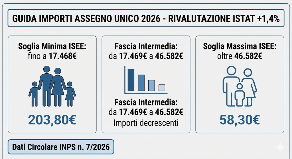 Tabella riassuntiva importi Assegno Unico 2026 con soglie ISEE e rivalutazione ISTAT