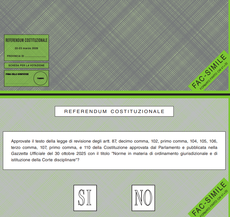 Fac-simile scheda referendum giustizia 22-23 marzo 2026