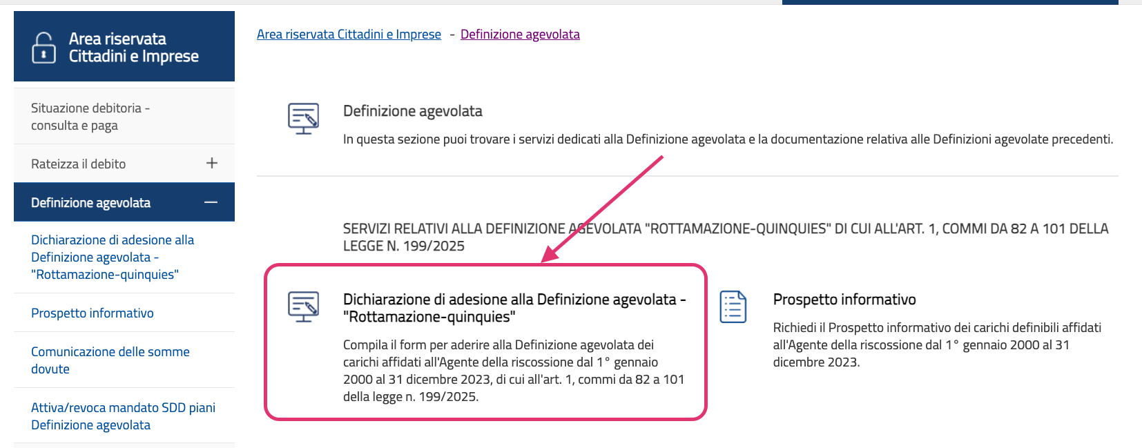 Selezione dichiarazione di adesione Rottamazione-quinquies in area riservata AdER