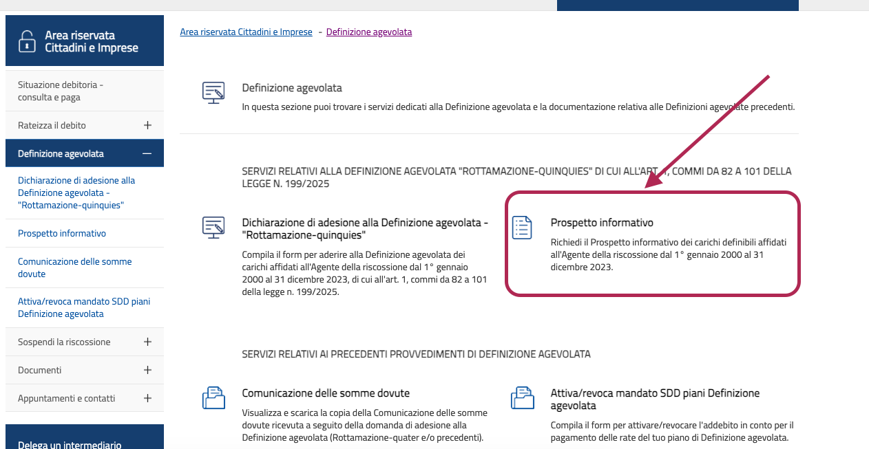 Sezione Definizione agevolata sul portale AdER per richiedere il prospetto informativo Rottamazione-quinquies