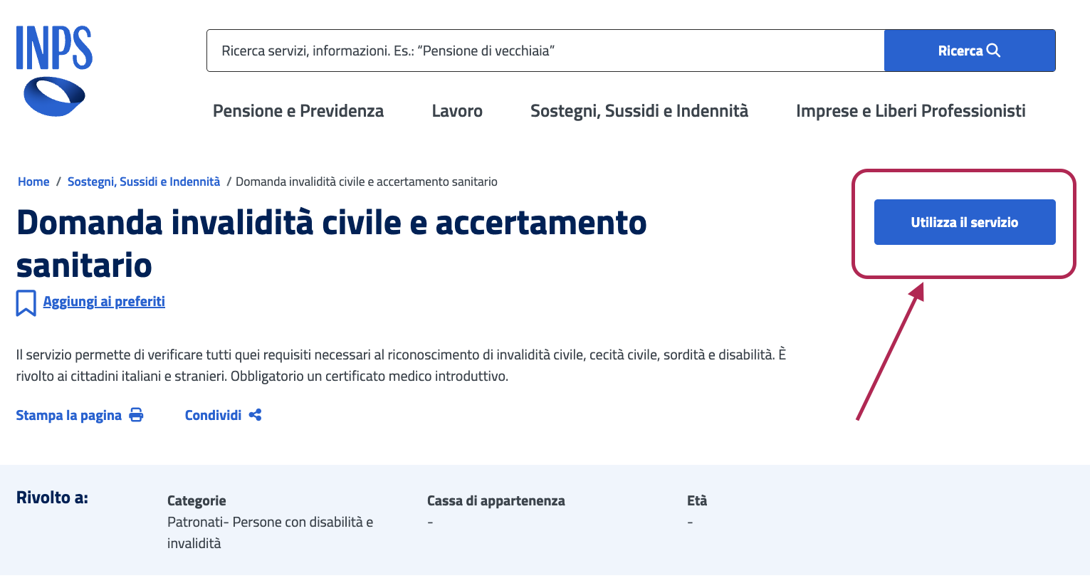 Portale INPS - accesso al servizio domanda invalidità civile e accertamento sanitario