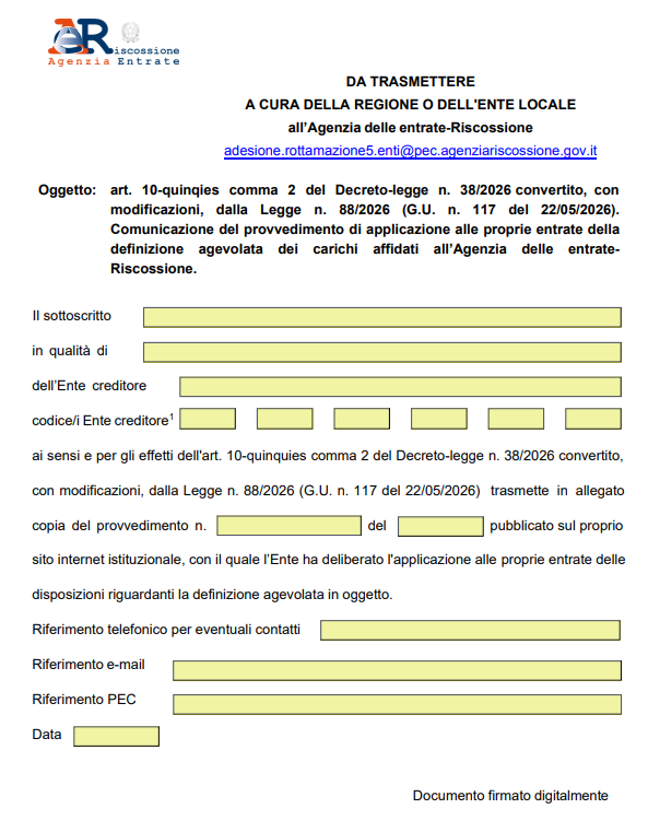 Modello Ader per la comunicazione di adesione degli enti territoriali alla rottamazione dei tributi locali