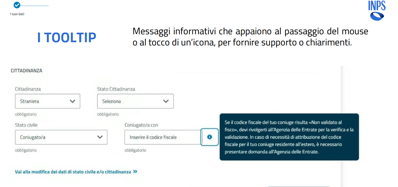 Messaggio esplicativo della procedura INPS durante la compilazione della domanda di assegno sociale