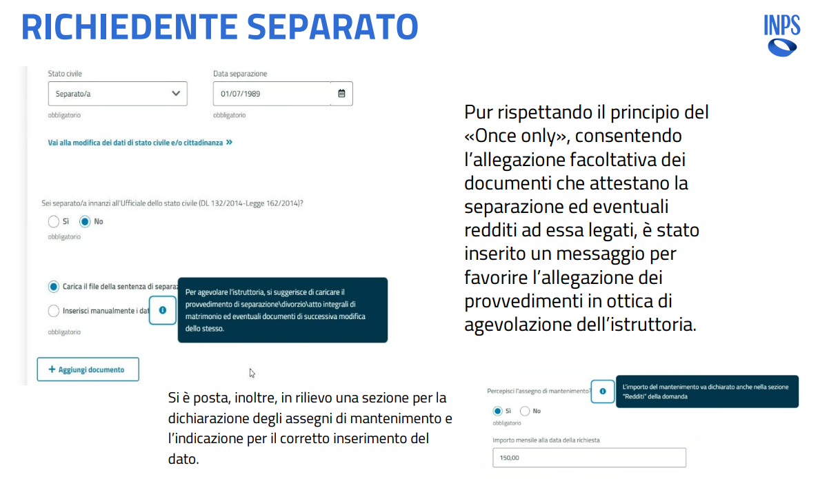 Sezione della domanda INPS per l'inserimento di separazione o divorzio nell'assegno sociale