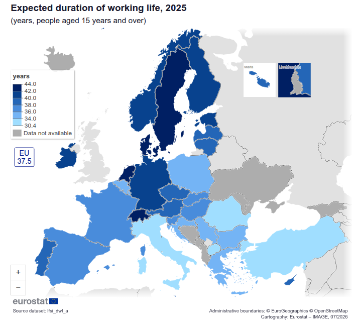 Durata attesa della vita lavorativa nei Paesi europei secondo i dati Eurostat 2025
