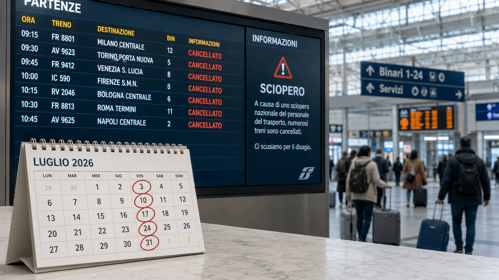 Sciopero trasporti, calendario di luglio 2026: giornate nera per voli e treni