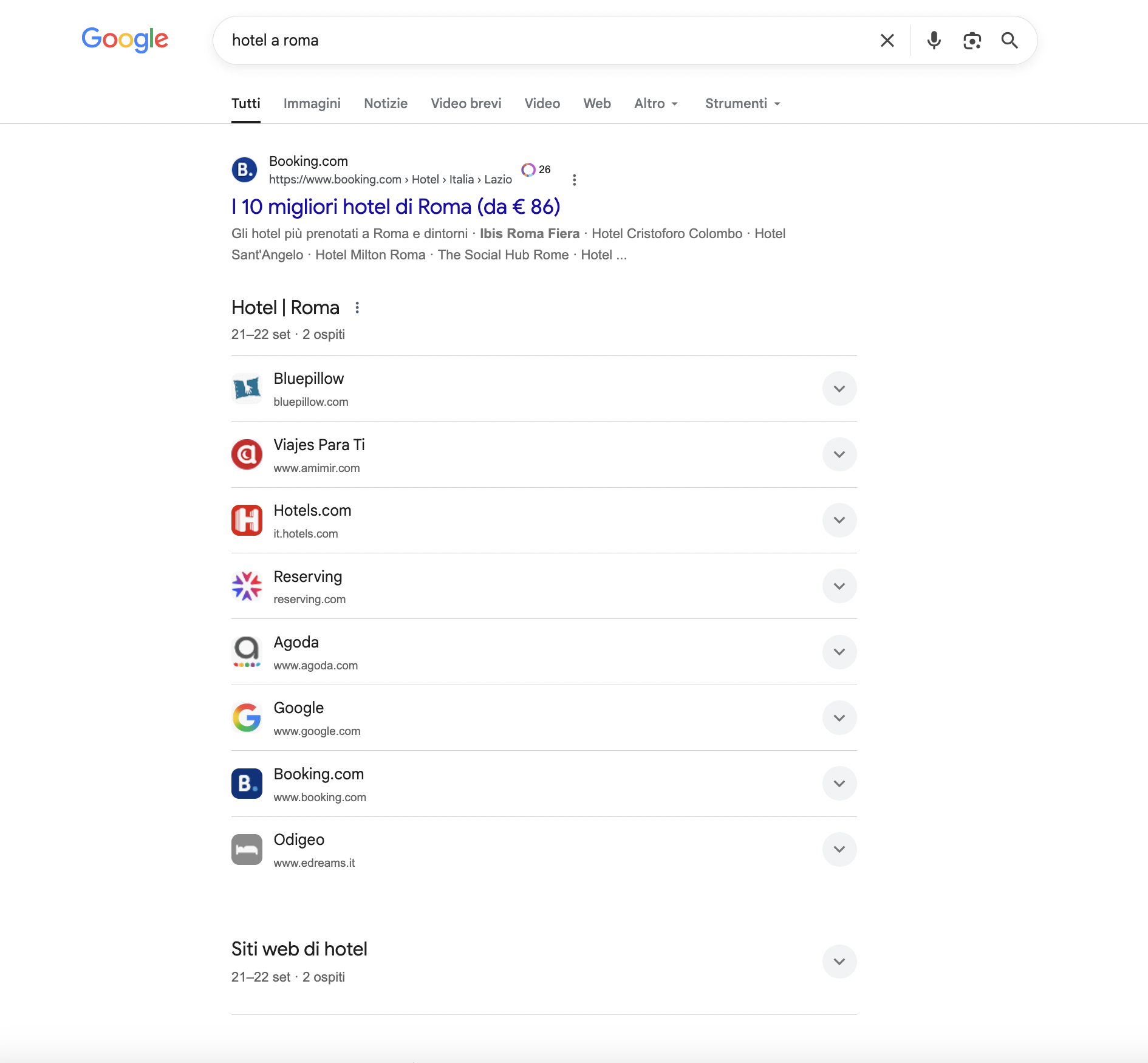 Ricerca Google hotel a Roma: elenco dei siti di confronto prezzi con Google al sesto posto e blocco Siti web di hotel chiuso in fondo