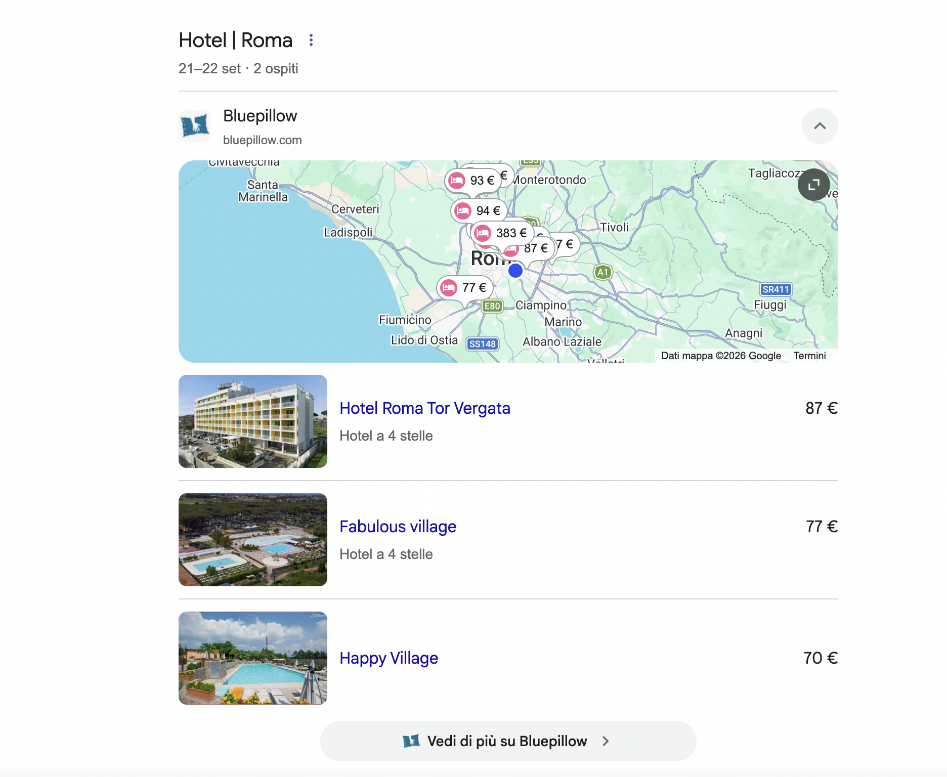 Ricerca Google: blocco di un sito di confronto aperto con mappa e prezzi degli hotel di Roma