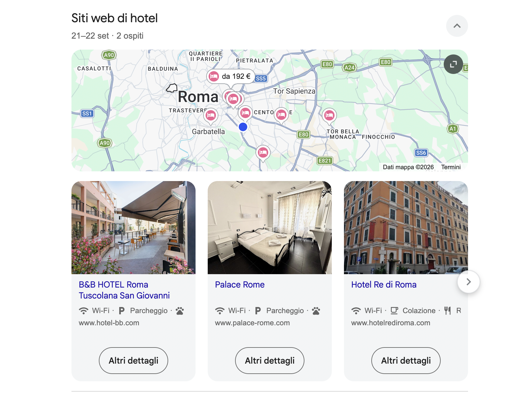 Ricerca Google: blocco Siti web di hotel con schede degli alberghi senza prezzo