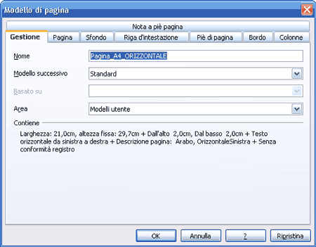 La finestra "Modello di pagina"