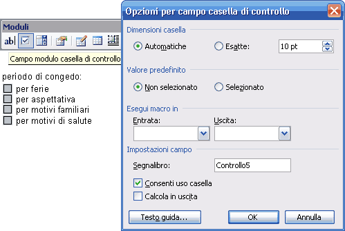 Opzioni per le caselle di controllo