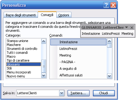 Aggiungere i comandi alla barra