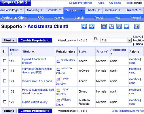 Pannello Supporto ai clienti